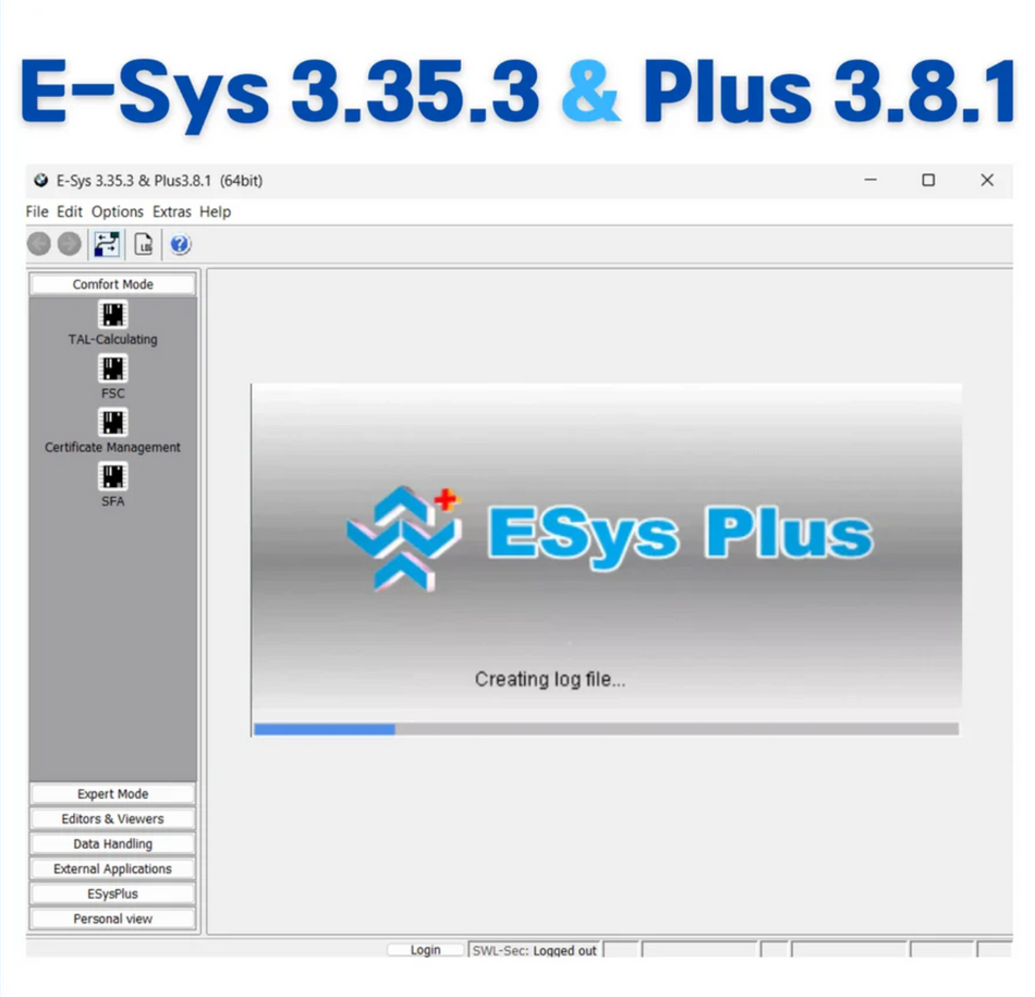 E-Sys 3.35.3 und Plus 3.8.1 Codierungssoftware für BMW, Bildschirm mit Logdatei Erstellung.