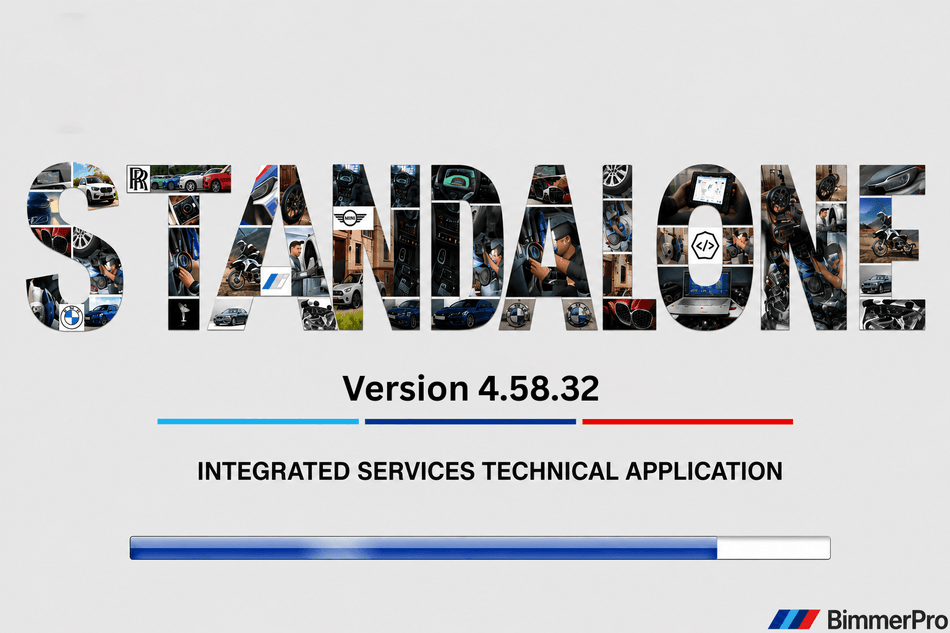 Standalone Diagnose Software 4.58.32 Präsentation mit Logo und Fortschrittsanzeige für integrierte technische Anwendung.