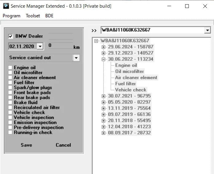 BMW Service History Manager – Bildschirmansicht mit Serviceeinträgen und Wartungsdetails.